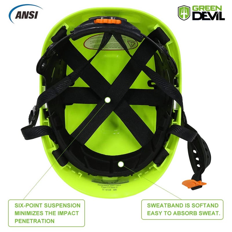 GREEN DEVIL خوذة أمان قبعة صلبة مع قناع وحماية للأذن، خوذة عمل ABS خفيفة الوزن قابلة للتعديل للرجال والنساء، تعليق 6 نقاط، معتمد من ANSI Z89.1، مثالي للصناعة والبناء - Image 5
